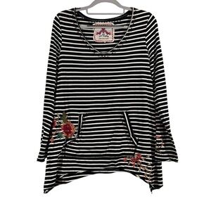 JW Los Angeles Black and White Striped Women's Top with Floral Detail